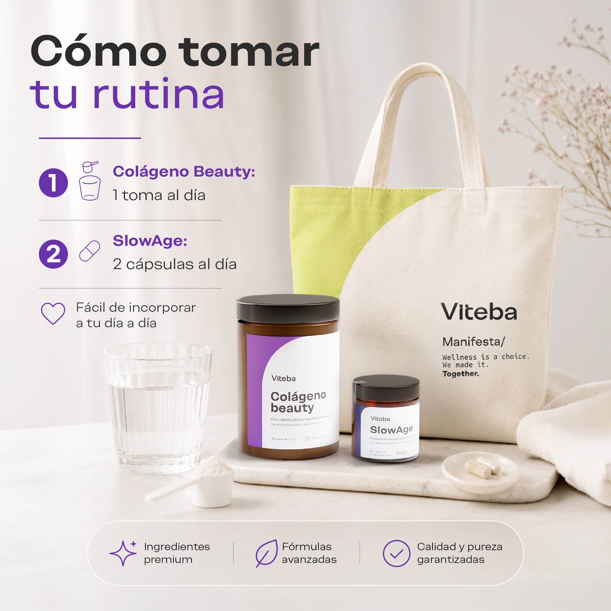Cómo tomar la rutina antiedad Viteba: Colágeno Beauty y SlowAge