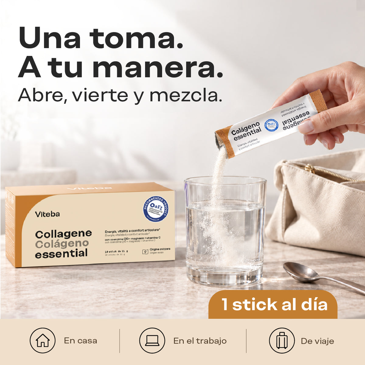 Una toma. A tu manera. Abre, vierte y mezcla. 1 stick Essential al día