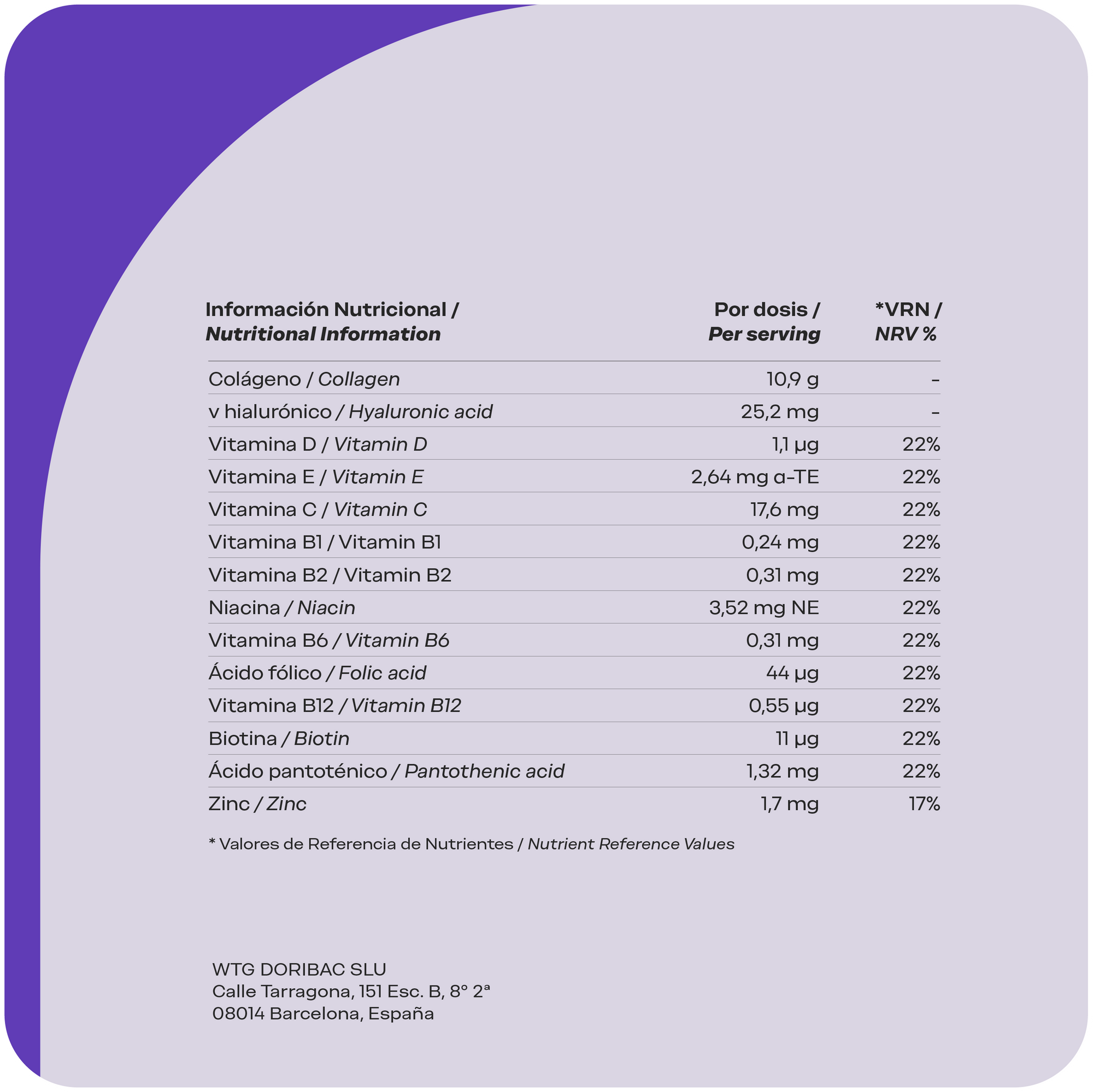 Información nutricional Colágeno Beauty