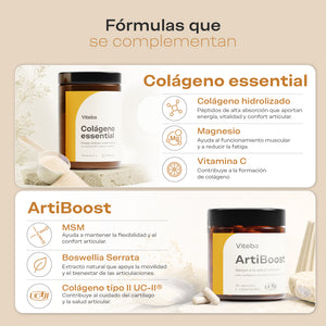 Colágeno Essential: colágeno hidrolizado, magnesio y vitamina C + ArtiBoost: MSM, Boswellia Serrata y Colágeno tipo II UC-II
