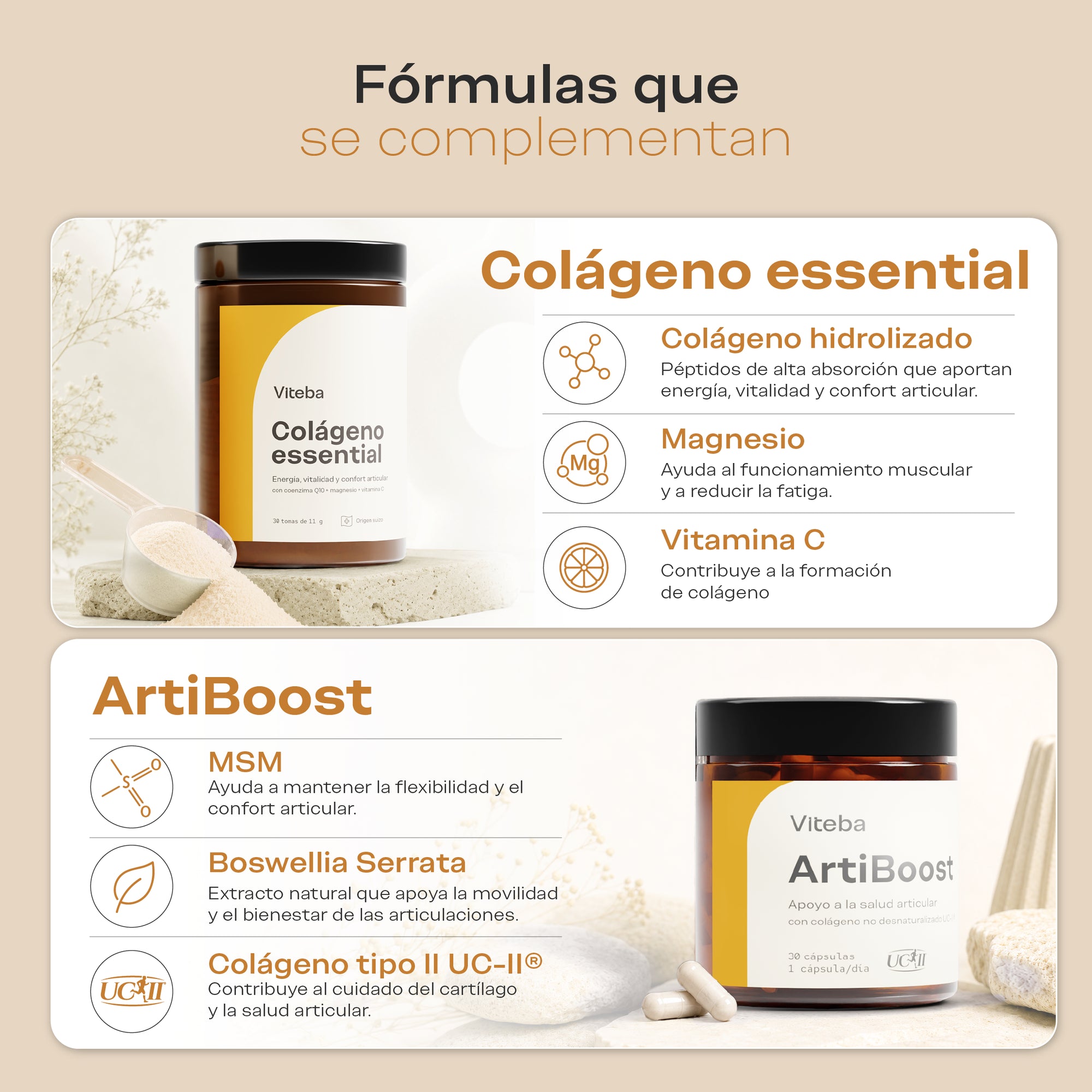 Colágeno Essential: colágeno hidrolizado, magnesio y vitamina C + ArtiBoost: MSM, Boswellia Serrata y Colágeno tipo II UC-II
