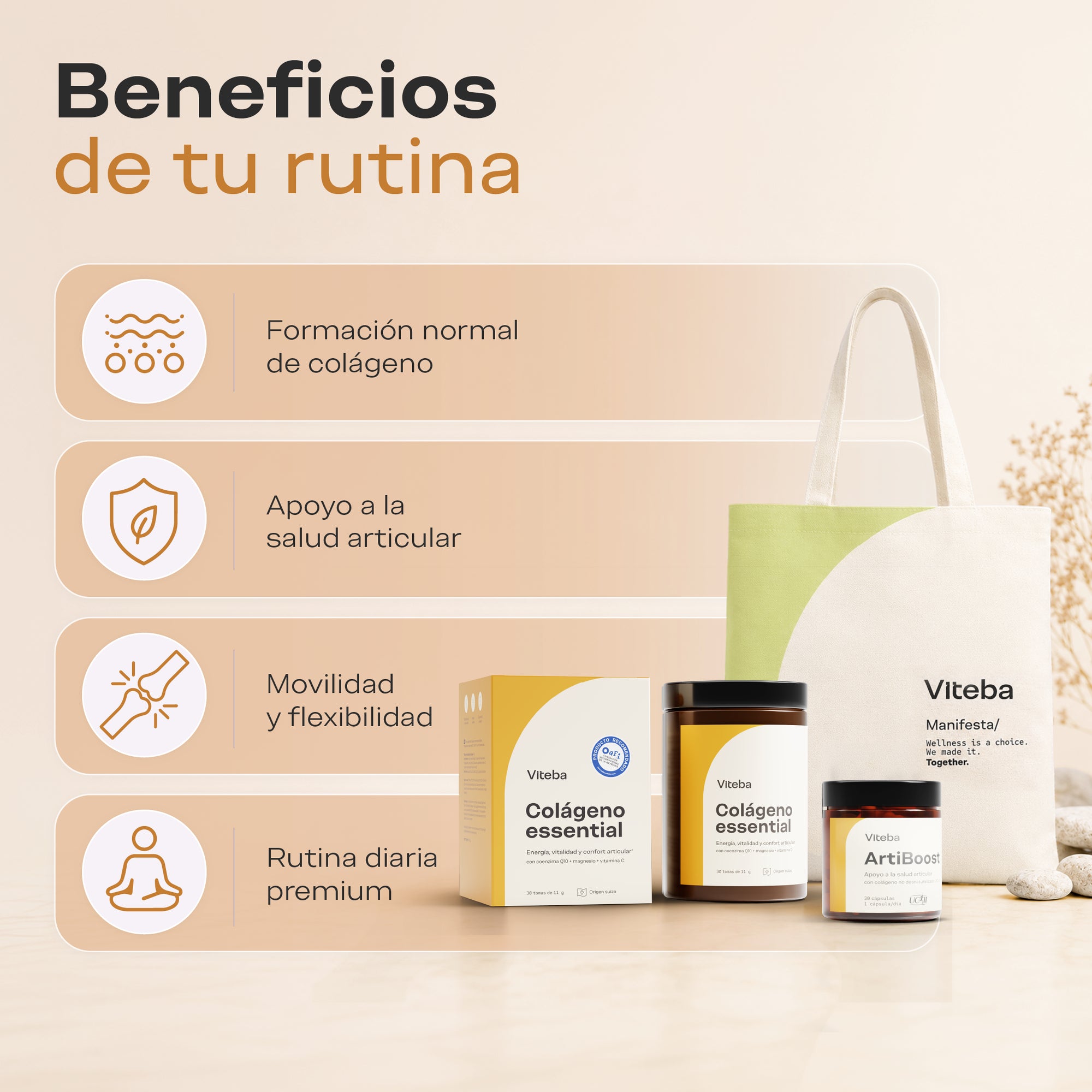 Pack movilidad: beneficios de tu rutina. Formación normal de colágeno, apoyo a la salud articular, movilidad y flexibilidad
