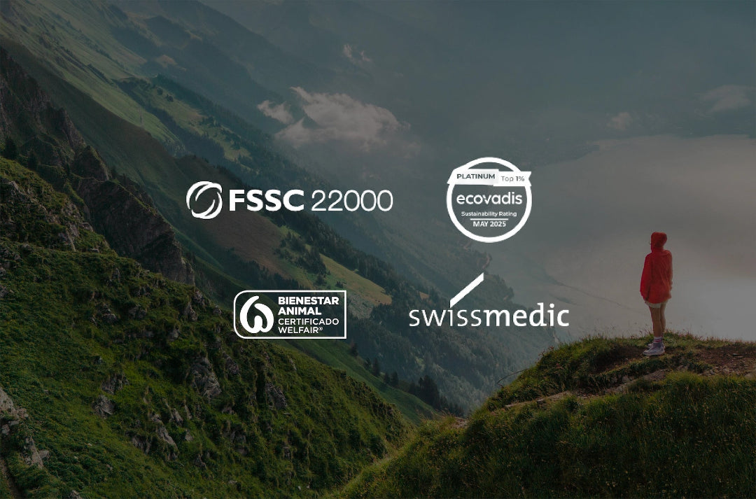 Certificados Colágeno: FSSC 22000, Welfair bienestarqanimal, Ecovadis Platinum, SwissMedic